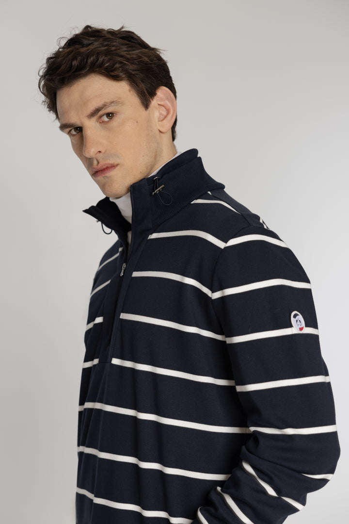 Męska bluza w granatowo-białe paski z zamkiem przy stójce Regular Fit