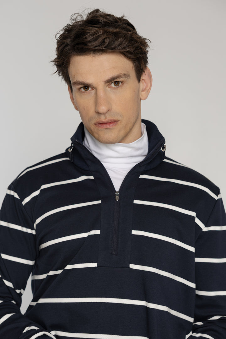 Męska bluza w granatowo-białe paski z zamkiem przy stójce Regular Fit