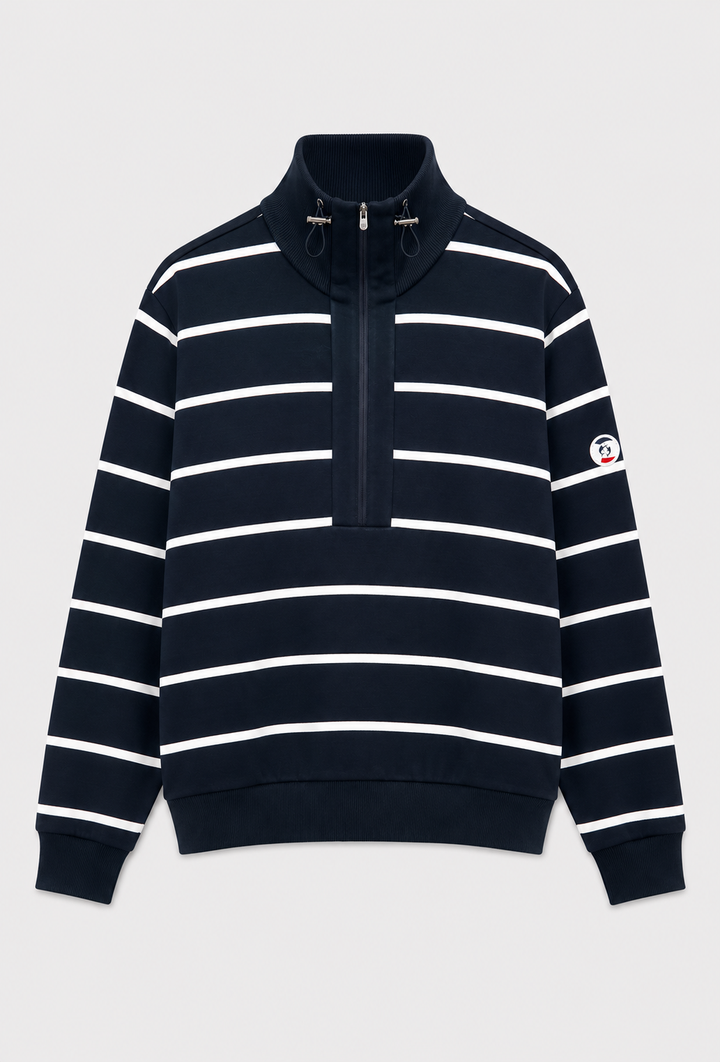 Męska bluza w granatowo-białe paski z zamkiem przy stójce Regular Fit