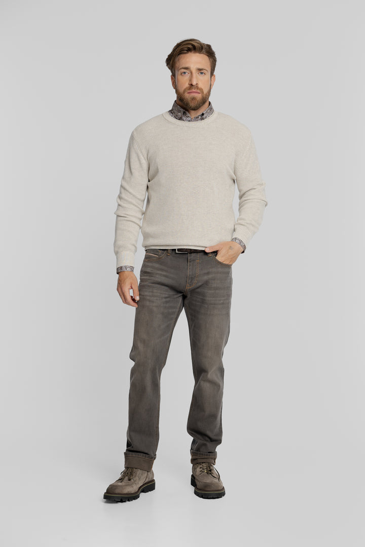 Męski sweter z okrągłym dekoltem ecru Regular Fit