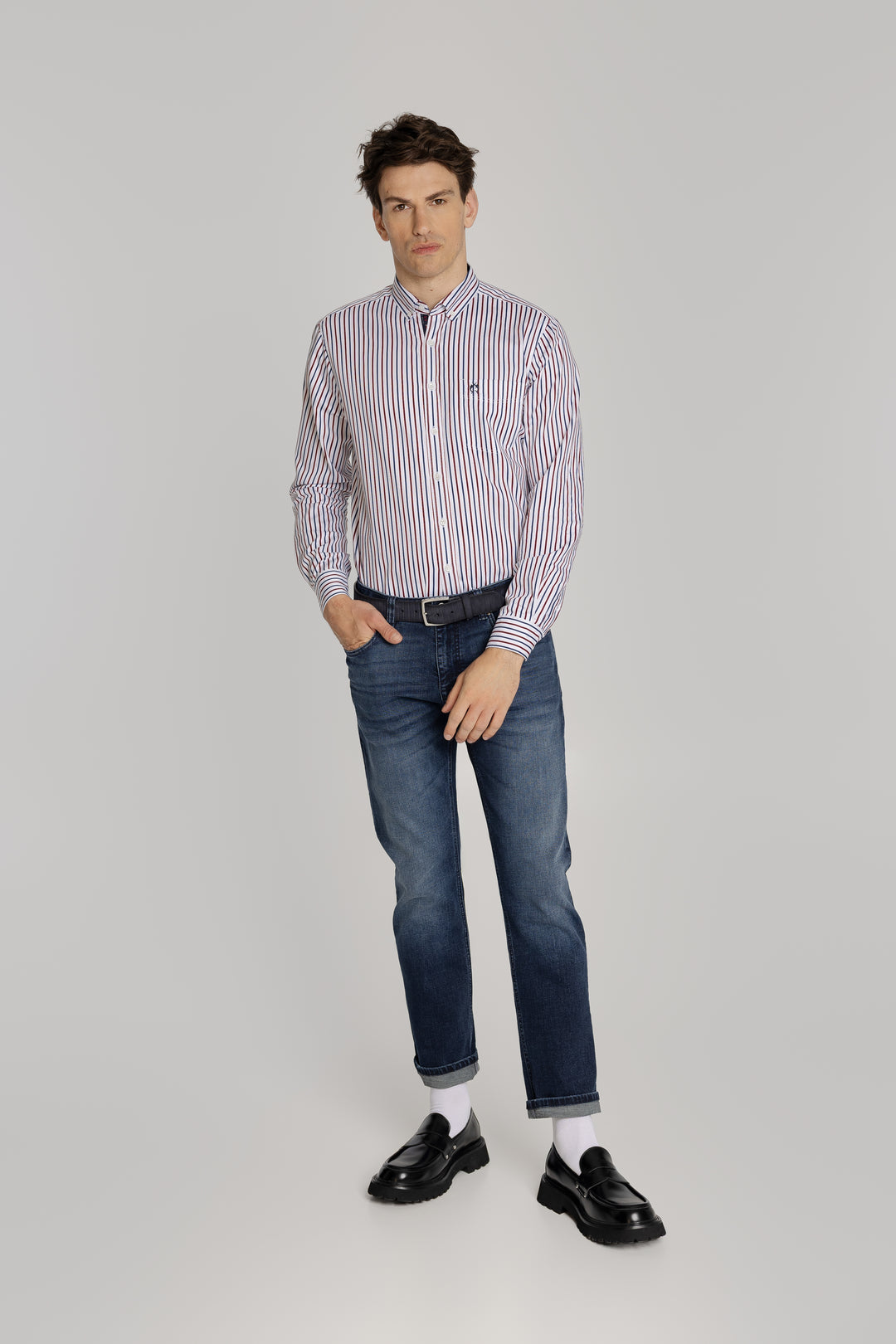 Męska koszula w czerwono-granatowe paski Modern Fit