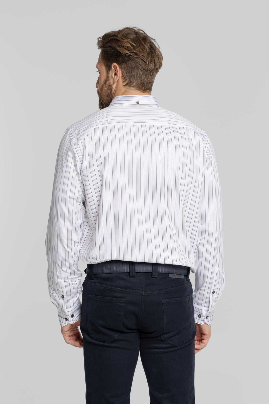 Biała koszula męska w granatowe prążki Button Down Modern Fit