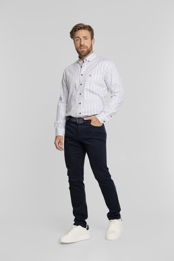 Biała koszula męska w granatowe prążki Button Down Modern Fit