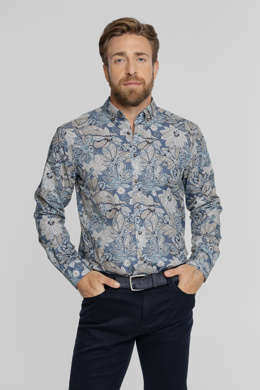 Niebieska koszula męska w kwiatowy wzór Button Down Regular Fit