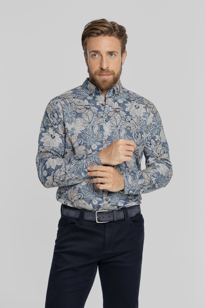 Niebieska koszula męska w kwiatowy wzór Button Down Regular Fit