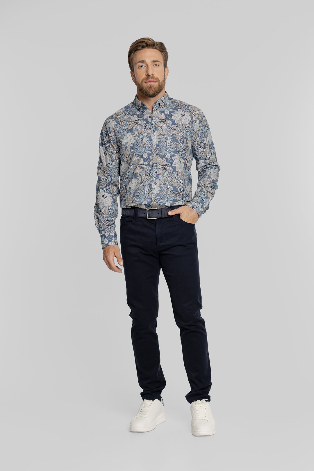 Niebieska koszula męska w kwiatowy wzór Button Down Regular Fit