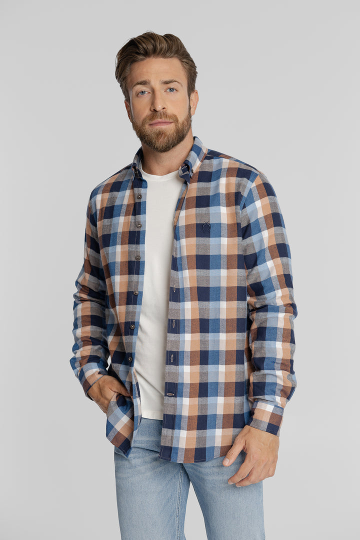 Koszula męska w kratę granatowo-beżową Button Down Regular Fit