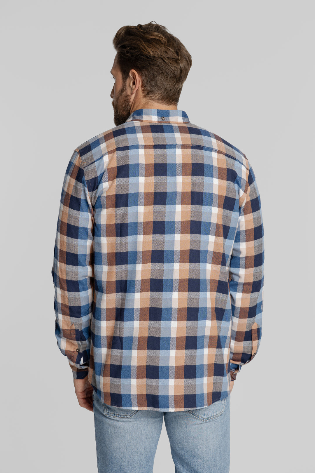 Koszula męska w kratę granatowo-beżową Button Down Regular Fit