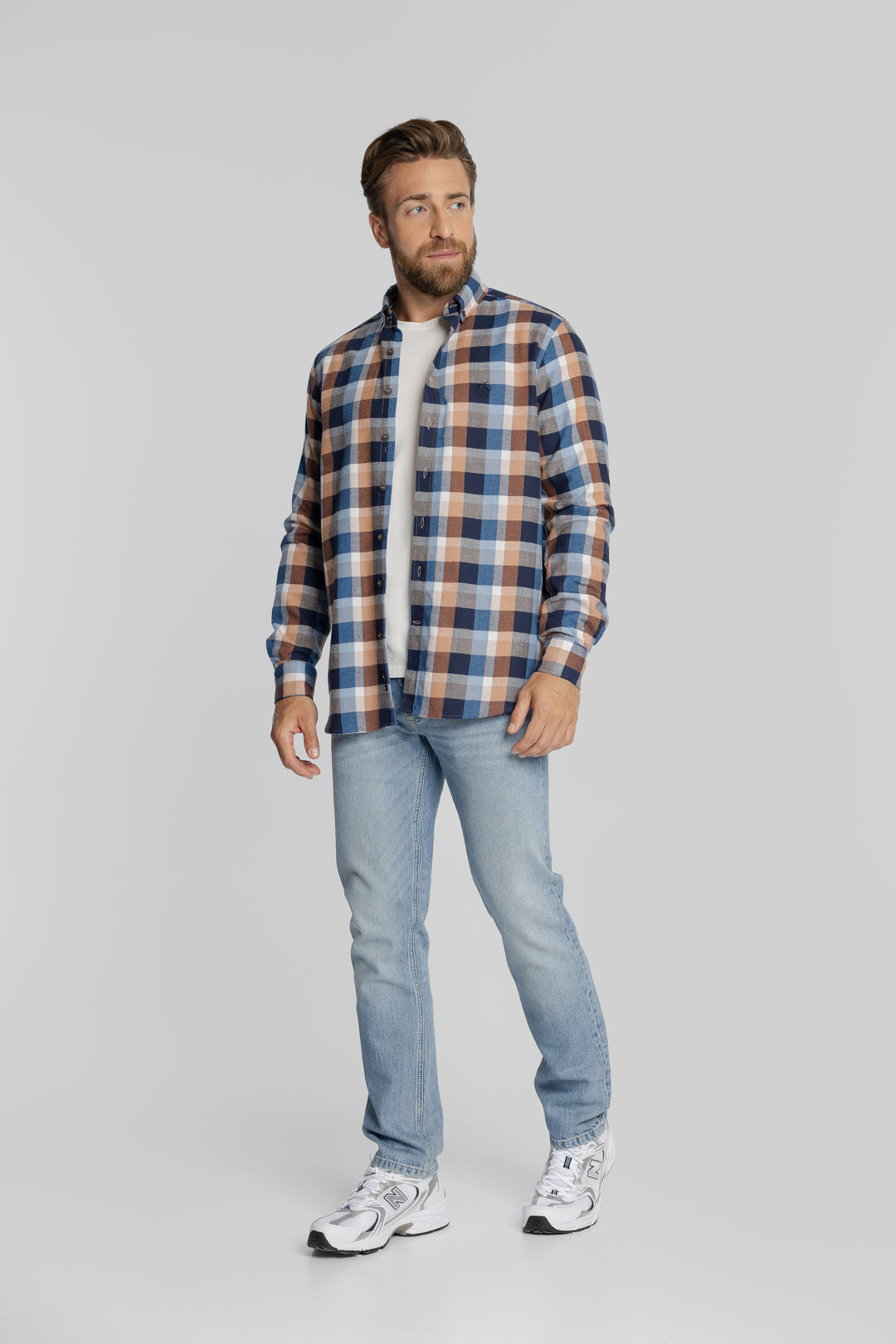 Koszula męska w kratę granatowo-beżową Button Down Regular Fit