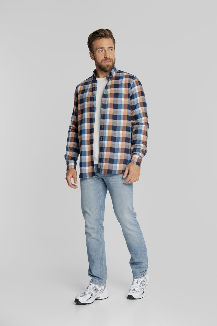 Koszula męska w kratę granatowo-beżową Button Down Regular Fit