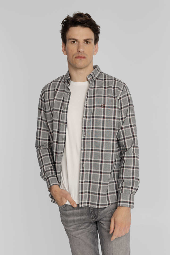 Koszula męska w kratę flanelową szaro-bordową z kołnierzykiem button-down Regular Fit