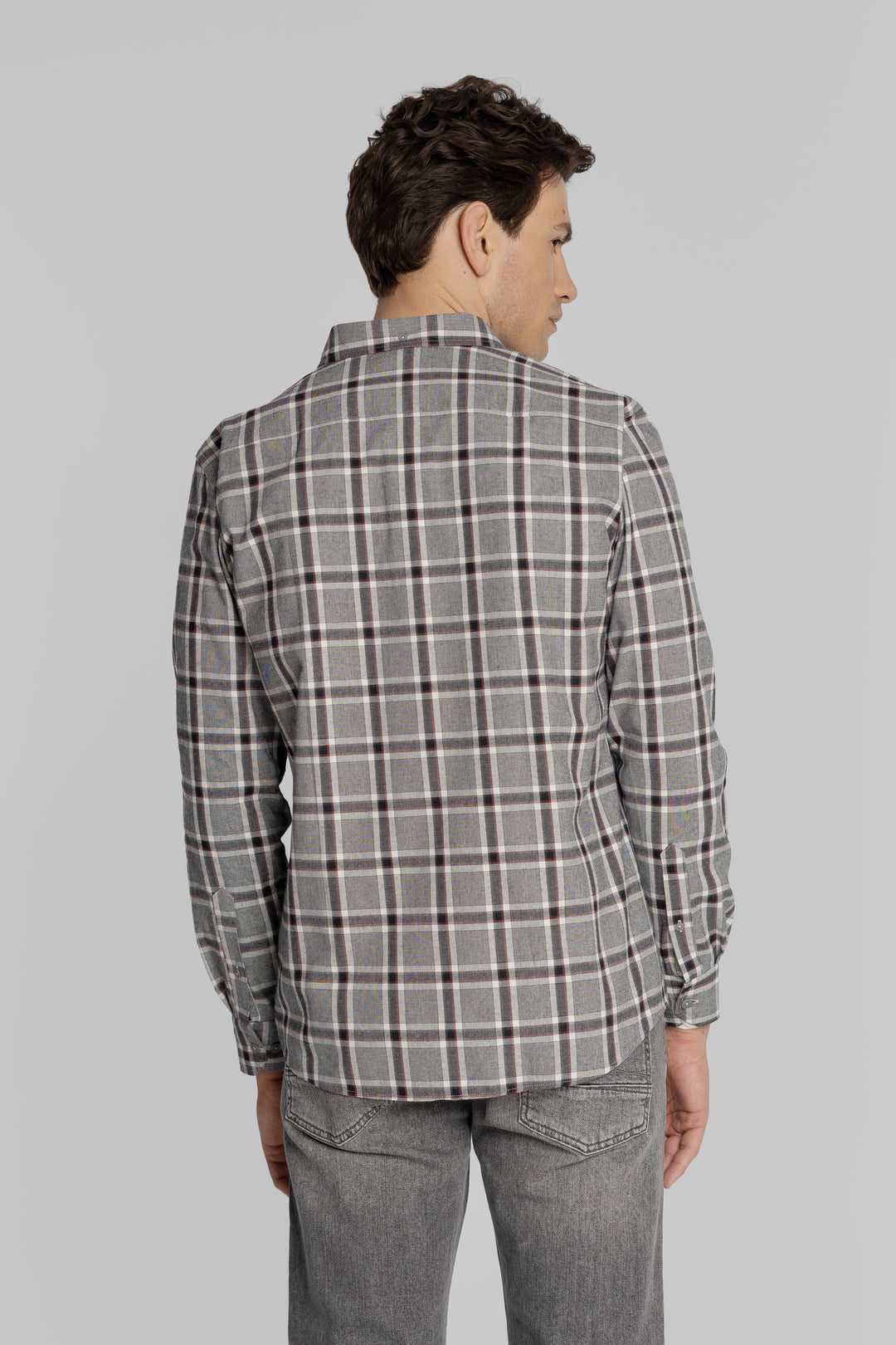 Koszula męska w kratę flanelową szaro-bordową z kołnierzykiem button-down Regular Fit