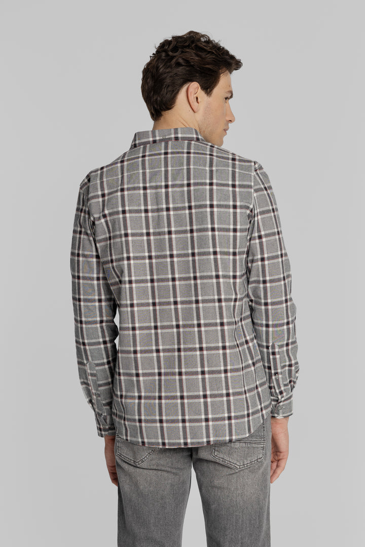 Koszula męska w kratę flanelową szaro-bordową z kołnierzykiem button-down Regular Fit