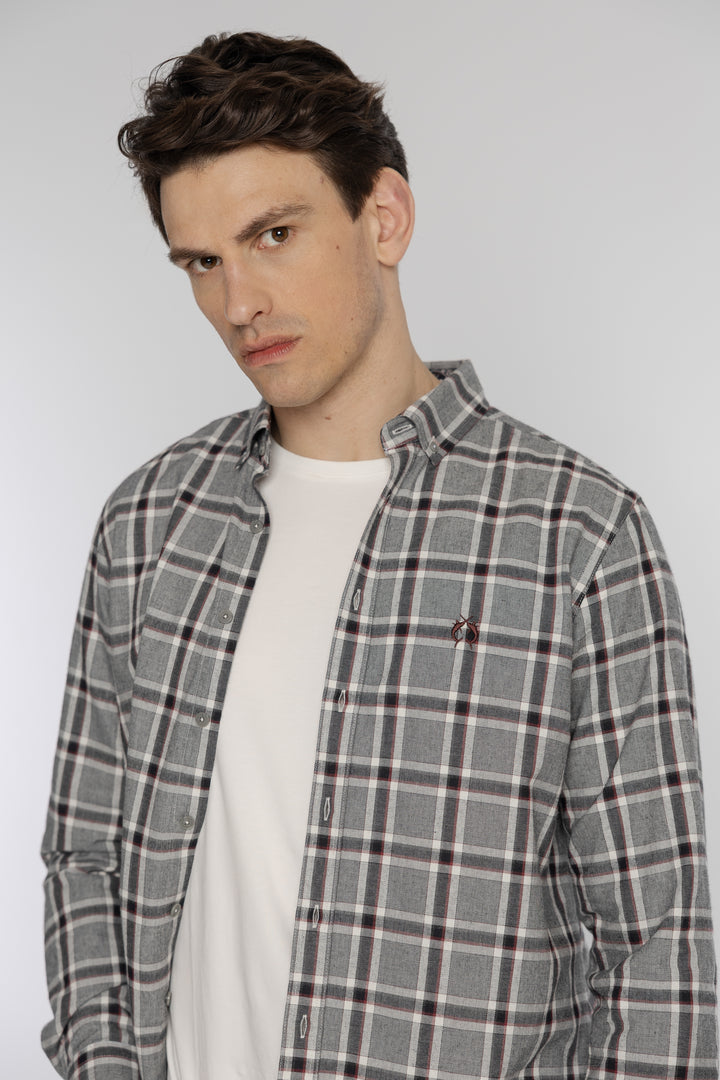 Koszula męska w kratę flanelową szaro-bordową z kołnierzykiem button-down Regular Fit