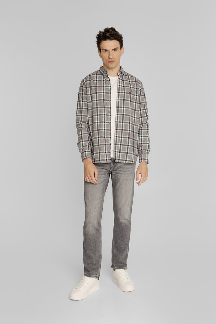 Koszula męska w kratę flanelową szaro-bordową z kołnierzykiem button-down Regular Fit