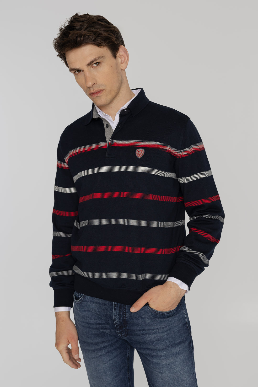 Męski sweter polo w paski Regular Fit