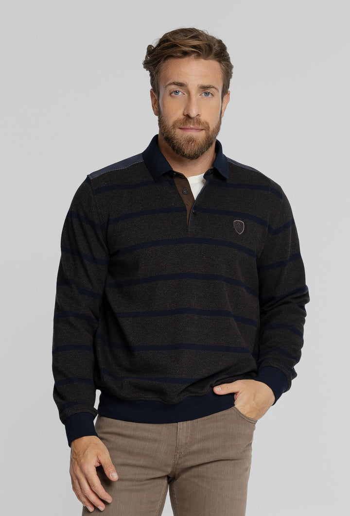 Męska bluza polo w granatowo-brązowe pasy z długim rękawem Regular Fit