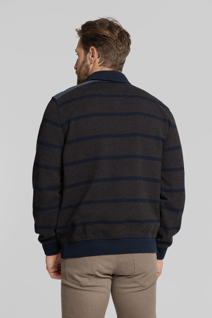 Męska bluza polo w granatowo-brązowe pasy z długim rękawem Regular Fit
