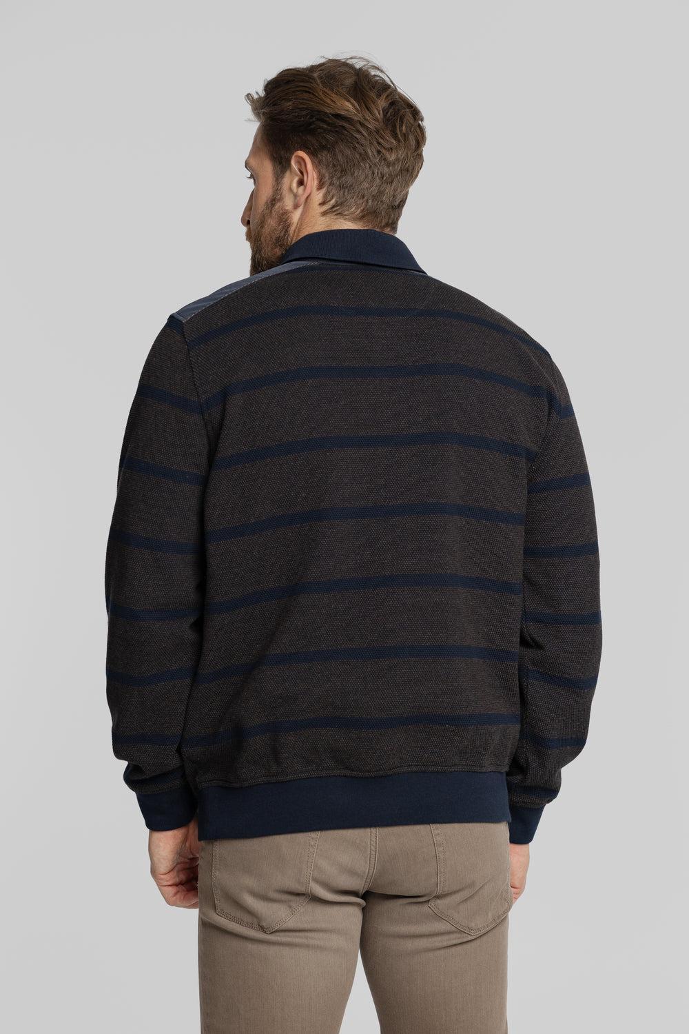 Męska bluza polo w granatowo-brązowe pasy z długim rękawem Regular Fit