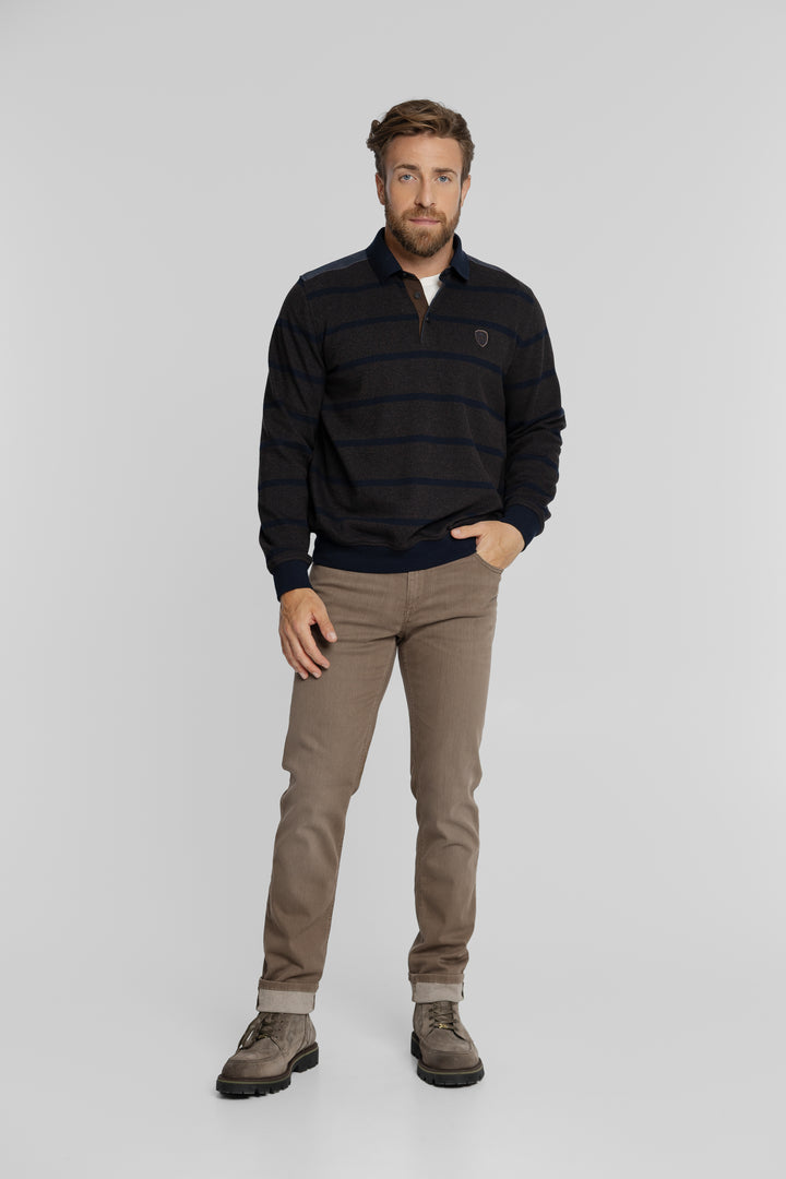 Męska bluza polo w granatowo-brązowe pasy z długim rękawem Regular Fit