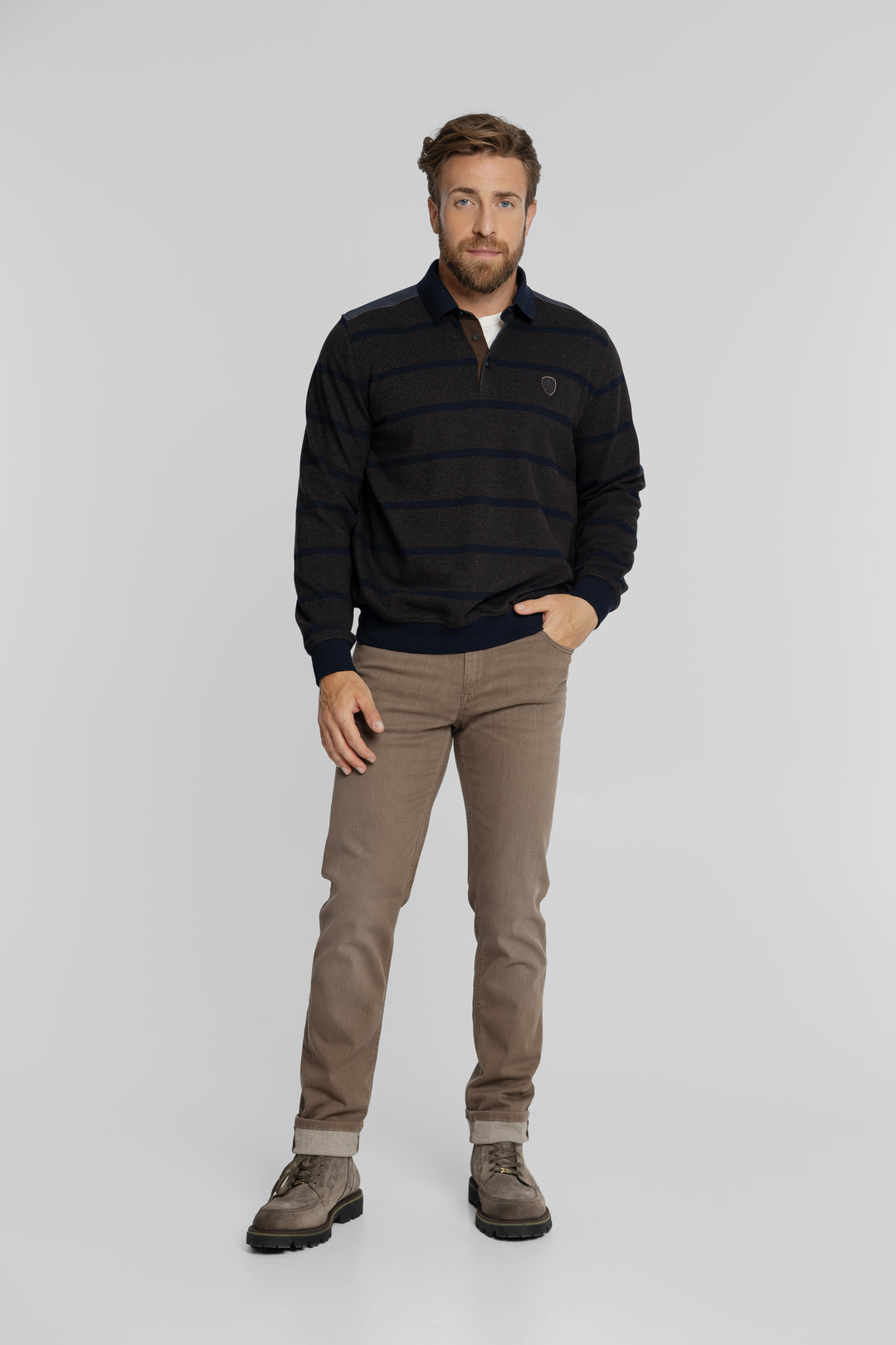 Męska bluza polo w granatowo-brązowe pasy z długim rękawem Regular Fit