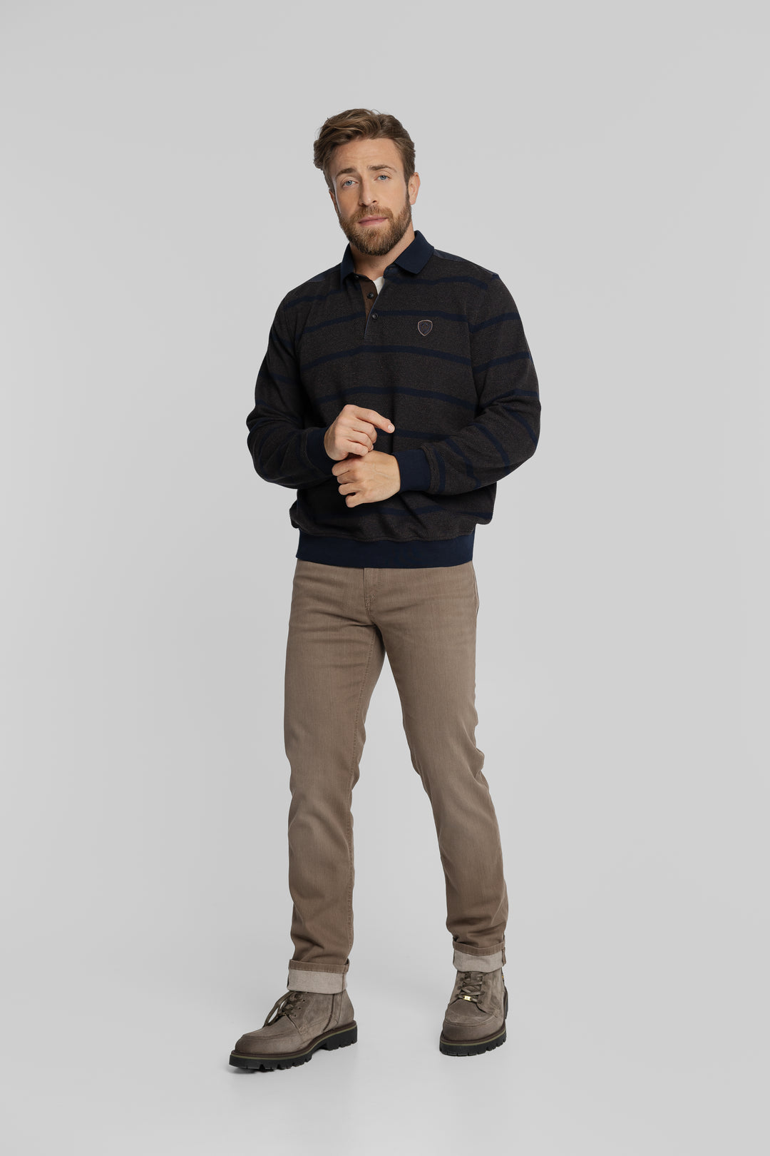 Męska bluza polo w granatowo-brązowe pasy z długim rękawem Regular Fit