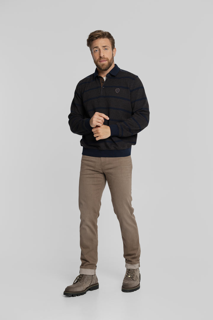 Męska bluza polo w granatowo-brązowe pasy z długim rękawem Regular Fit