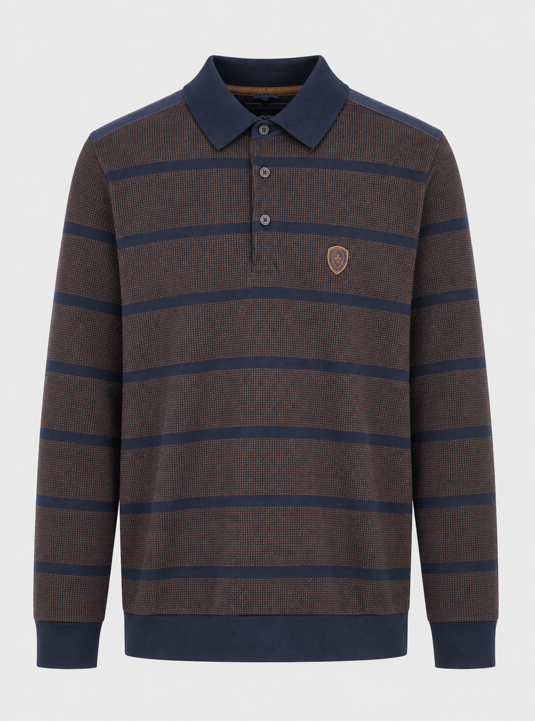 Męska bluza polo w granatowo-brązowe pasy z długim rękawem Regular Fit