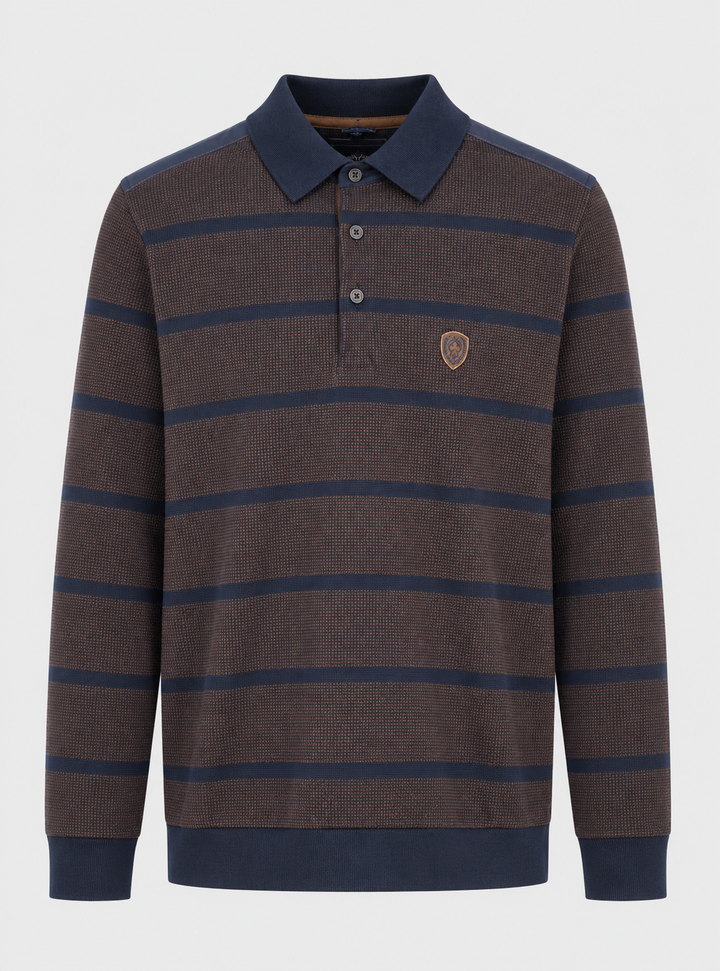 Męska bluza polo w granatowo-brązowe pasy z długim rękawem Regular Fit