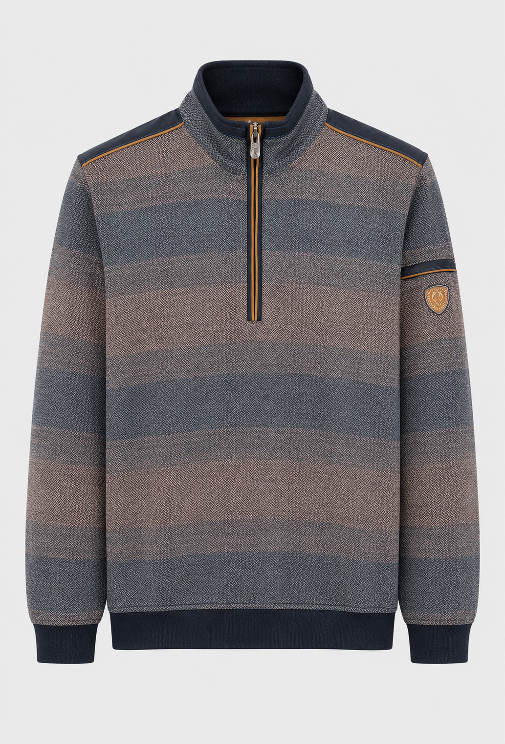 Granatowy sweter z krótkim zamkiem i wzorem