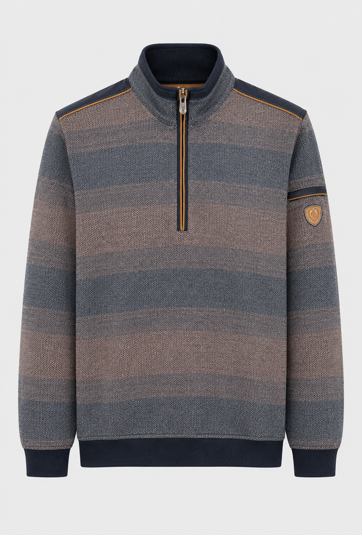 Granatowy sweter z krótkim zamkiem i wzorem