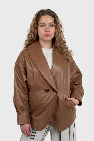 Skórzana marynarka oversize z szerokim szalowym kołnierzem