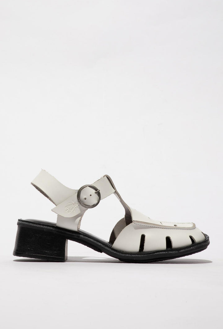 Skórzane białe sandały na stabilnym słupku FLY LONDON