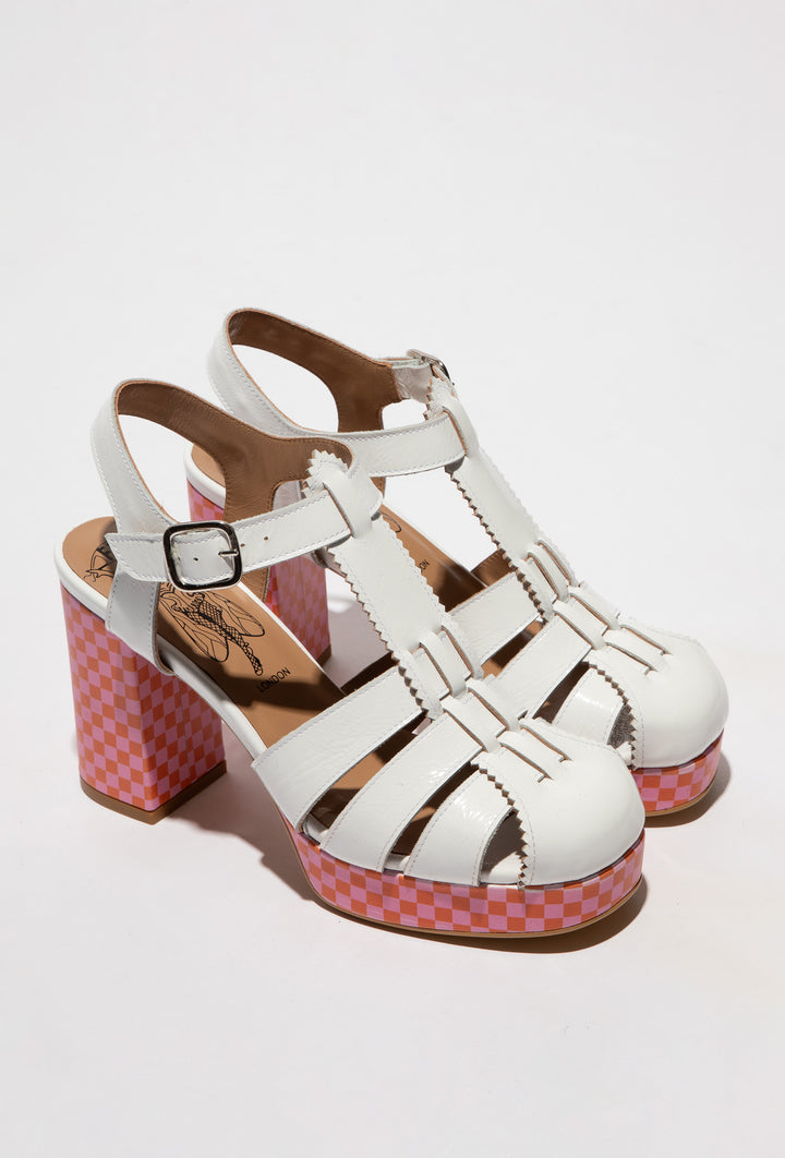 Białe sandały na kolorowym słupku FLY LONDON