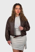 Krótka skórzana kurtka bomber w kolorze tabasko