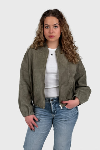 Krótka zamszowa kurtka bomber w kolorze awokado