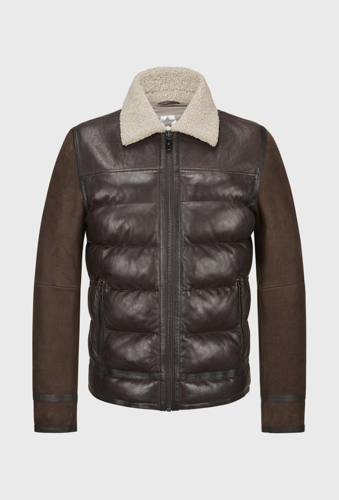 Brązowa skórzana kurtka pikowana z kołnierzem typu shearling