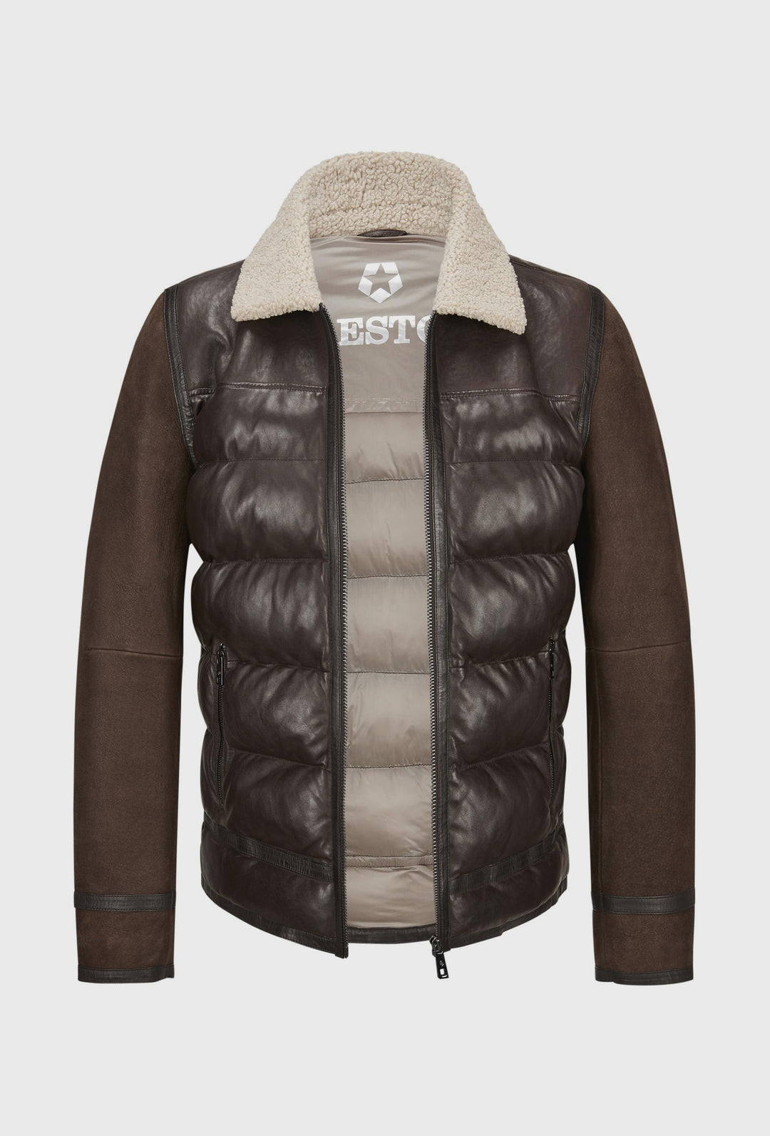 Brązowa skórzana kurtka pikowana z kołnierzem typu shearling
