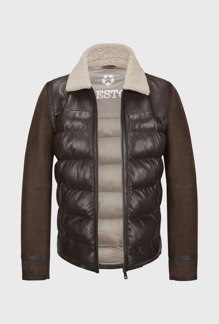 Brązowa skórzana kurtka pikowana z kołnierzem typu shearling