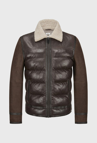 Brązowa skórzana kurtka pikowana z kołnierzem typu shearling