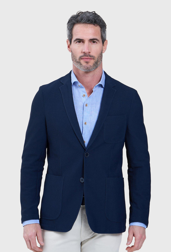 Granatowa marynarka męska z elastycznej dzianiny o strukturze