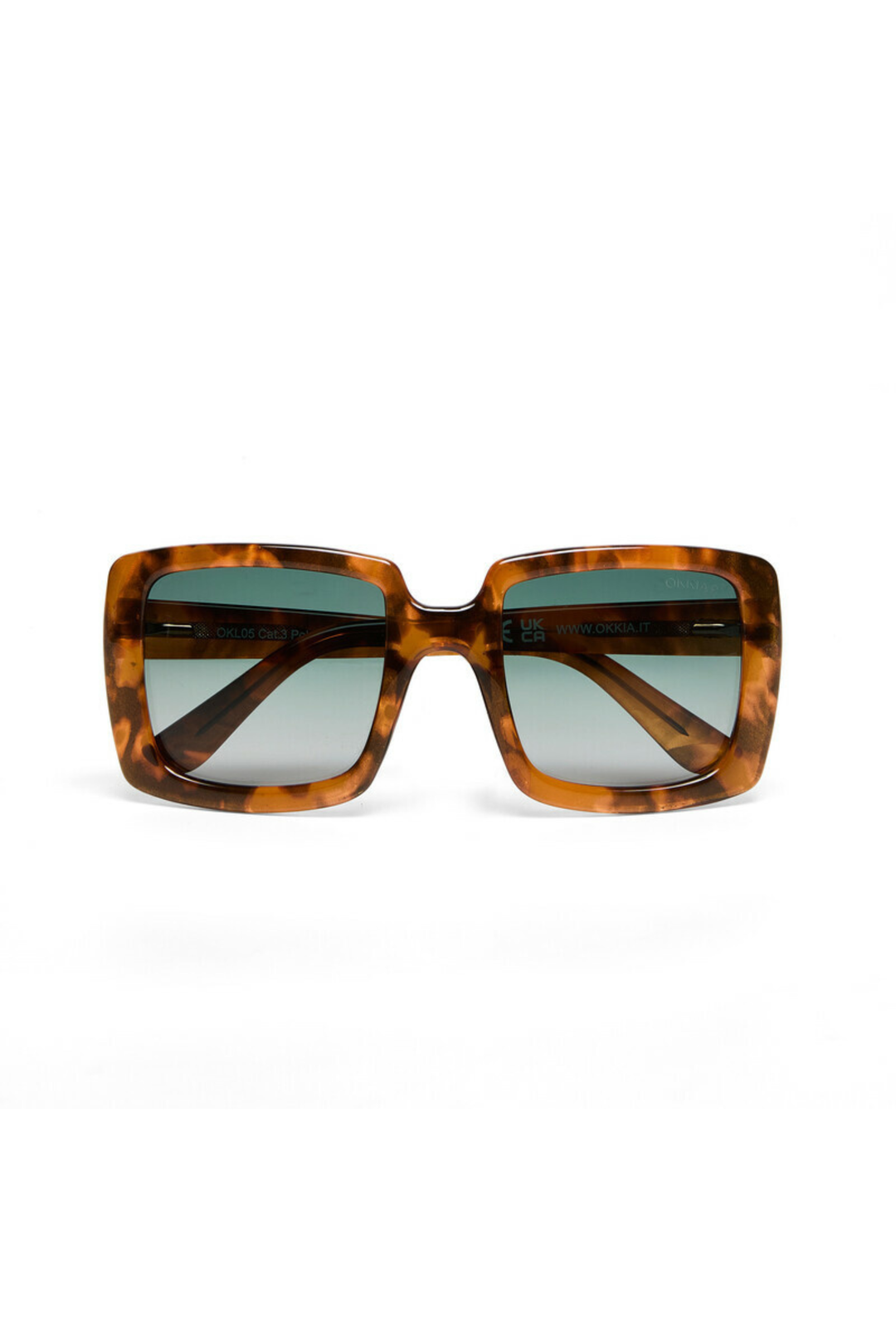 Okulary przeciwsłoneczne oversize w bursztynowej oprawce z zielonymi soczewkami