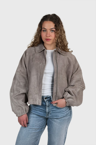 Krótka welurowa kurtka z regulowanymi rękawami taupe