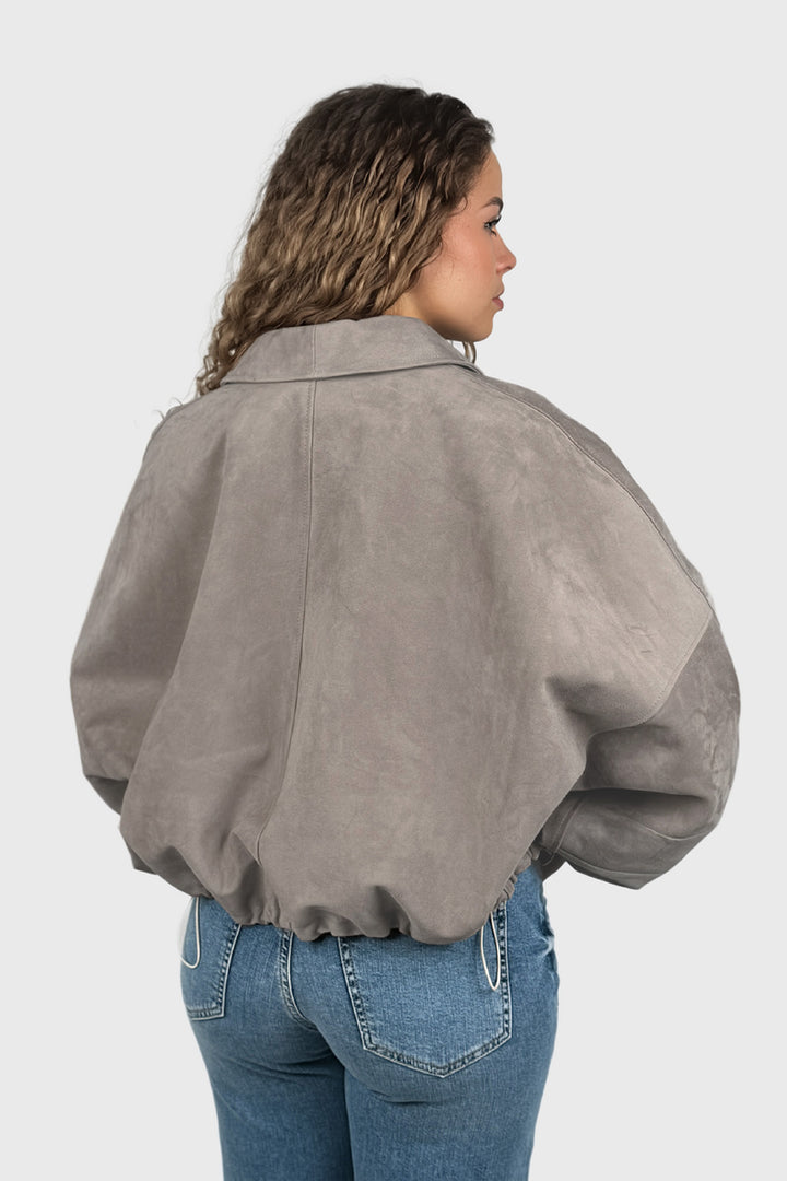 Krótka welurowa kurtka z regulowanymi rękawami taupe